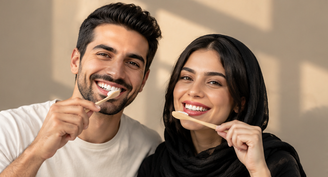 Couple brushing teeth